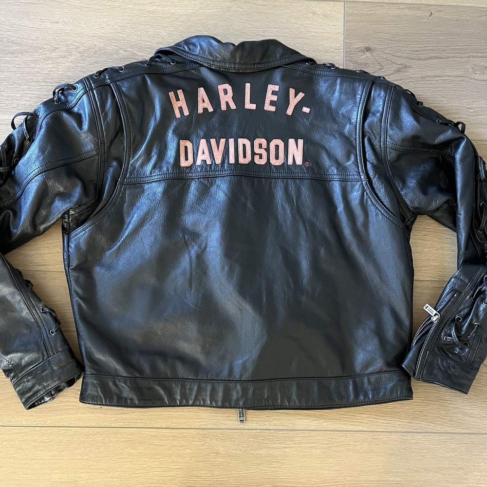 Harley Davidson Size L Logo Womens Black Leather Jacket Lace Up Detail Zip Y2K